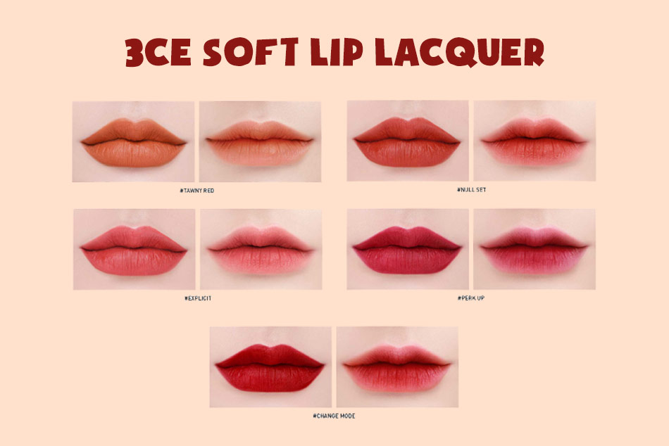 Bảng màu son 3CE Soft Lip Lacquer